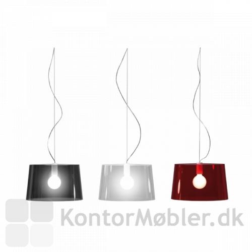 Enkel loftlampe med transparent skærm i farverne grå, klar og rød