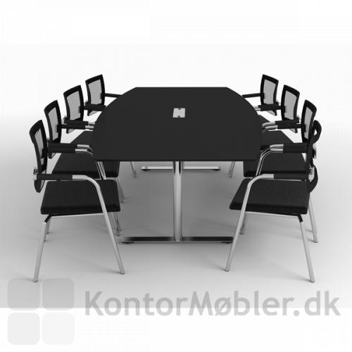Det mindste mødebord på 206 cm i sort linoleum og forkromet stel - Kabelgennemføring i midten findes under relaterede produkter nederst på siden
