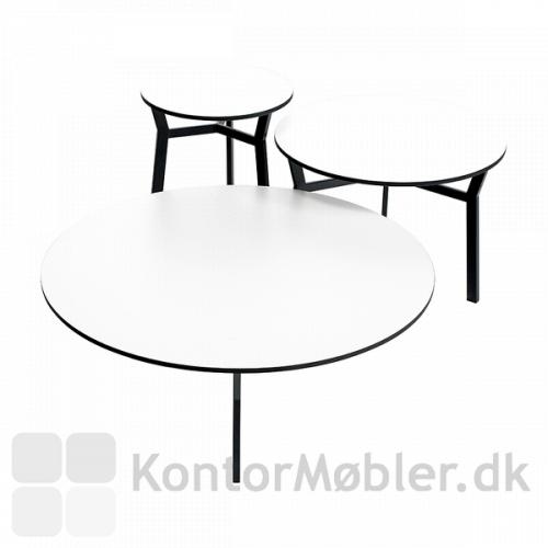 3 størrelser af sputnik bordet med hvid bordplade og sort stel
