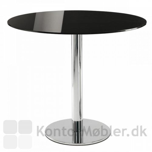 Cafébord med sort glasplade og Inox søjle i krom