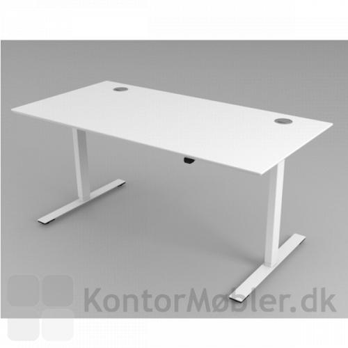 Delta hæve sænke bord med hvidt stel og hvid bordplade i højtrykslaminat. Her med to runde lågeklapper i hjørnerne.