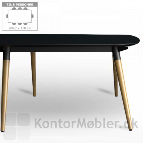 Nordisk mødebord i linoleum med 6 mødestole - bordpladen er tøndeformet og måler 206,2 x 110 cm