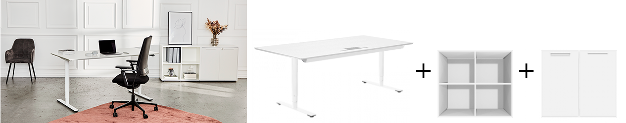 Kontor inventar møbelpakke Hvid Delta hæve sænkebord sort linoleum Delta Opbevaring skab låger Connex2 kontorstol kontor indretning